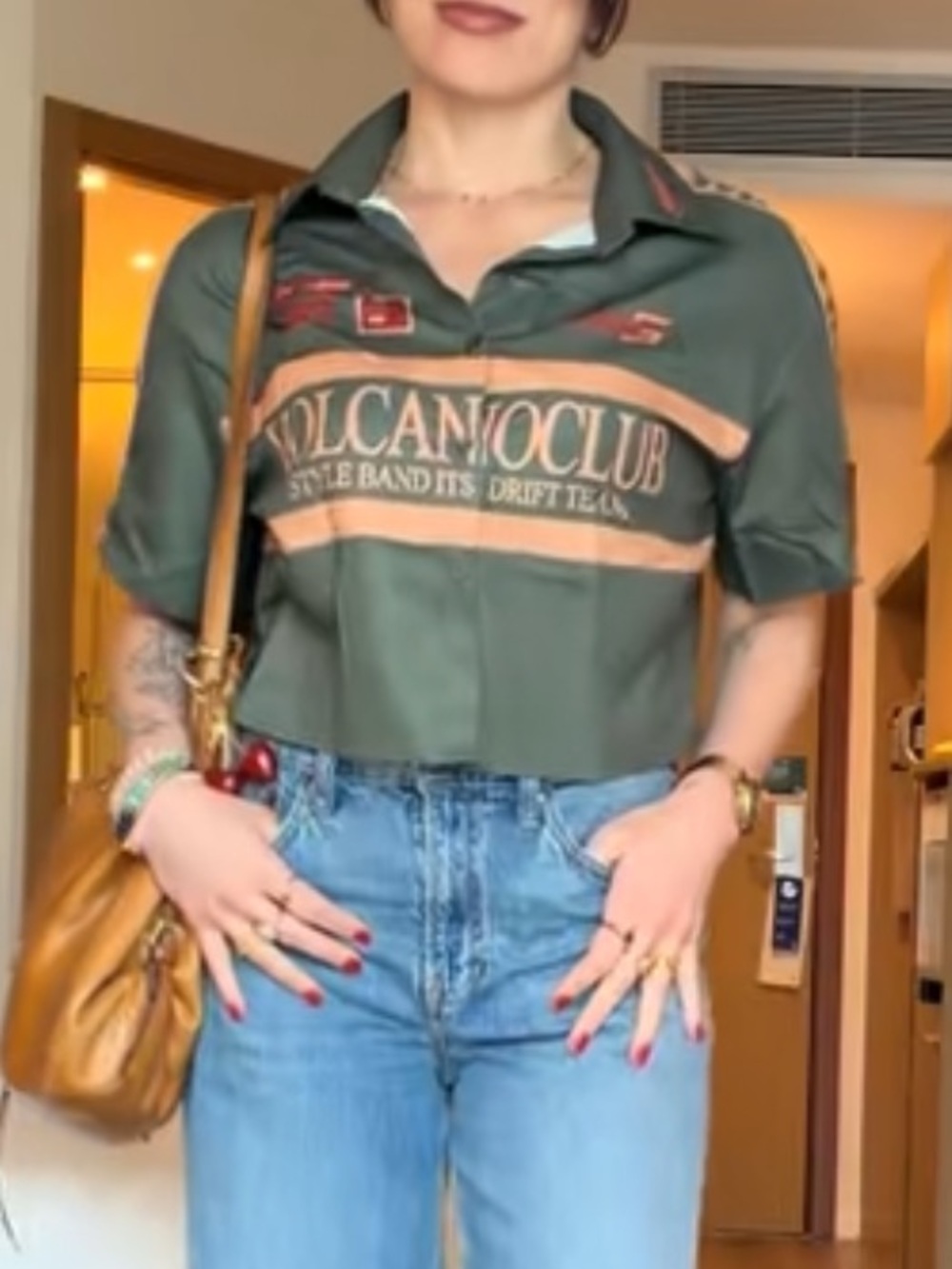 Moto Graphic Cropped Button Down Short Sleeve Blouse. Size M